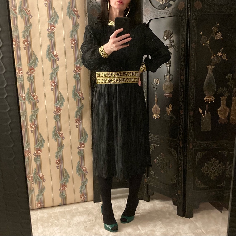 Vintage Hal Ferman 1970’s Black Micro Pleated Dress Gold Brocade Trim